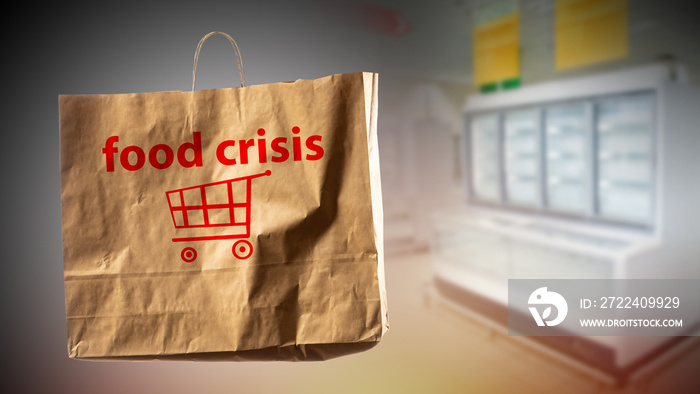 Food crisis. Economic problems. Words food crisis on paper bag. Concept falling purchasing power. Blurred supermarket interior. Hunger epidemic. Food supply disruption concept. Lack money to buy meal