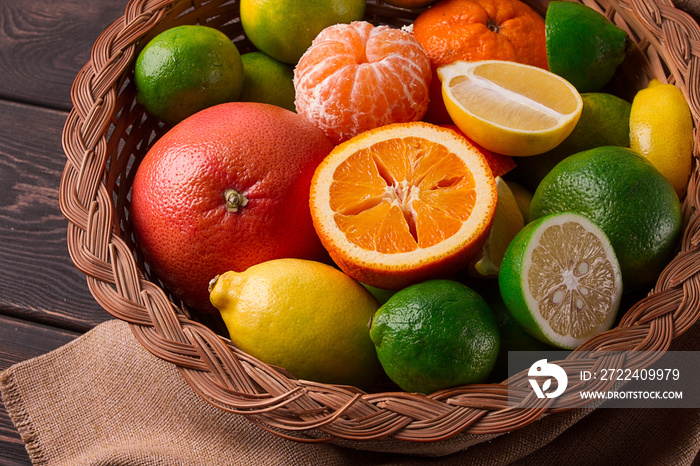 Assortment, citrus fruits, in a basket, close-up, top view, no people,