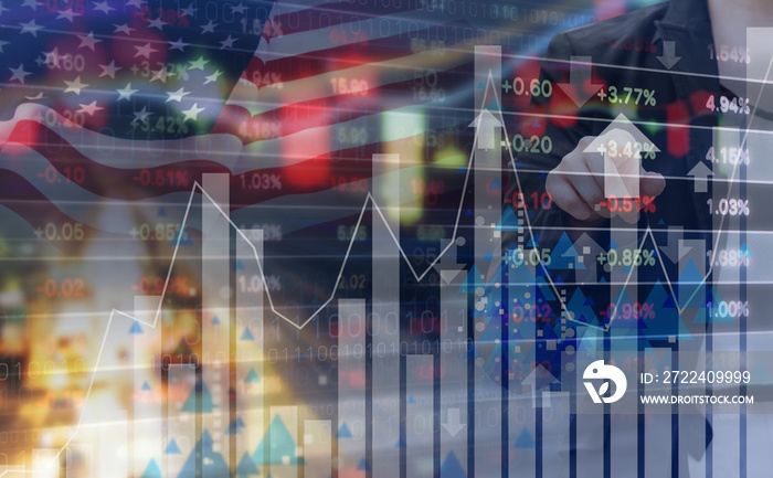 Double exposure of business woman and stock market design with USA flag