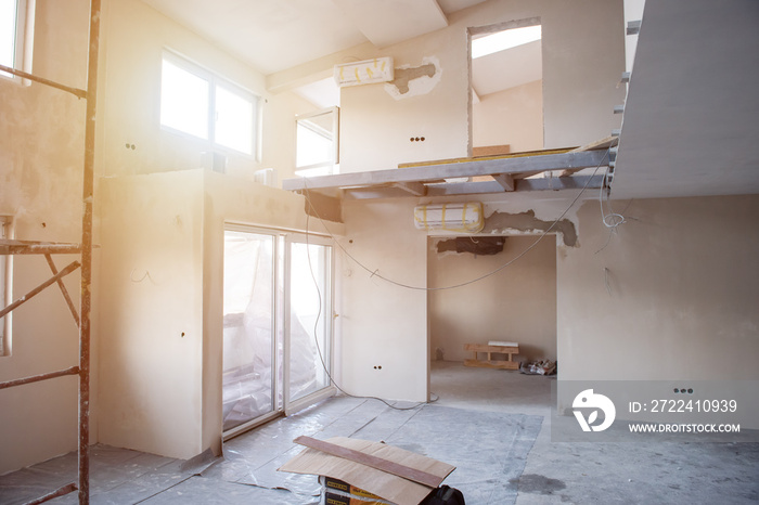 interior of construction site with scaffolding