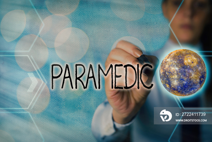 Handwriting text writing Paramedic. Conceptual photo a health worker having an expertise in emergency medical work Futuristic icons solar system. Elements of this image furnished by NASA