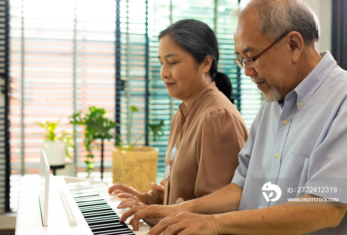 Elderly senior couple play Piano music together. Group of Two Asian smart mature Person retire and get pension fund. Grandparent express feeling happy treatment. Concept grow old together, copy space