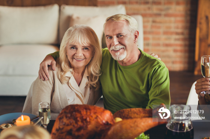 Portrait of thanks giving meeting elderly couple embracing sit table dinner young living room indoors