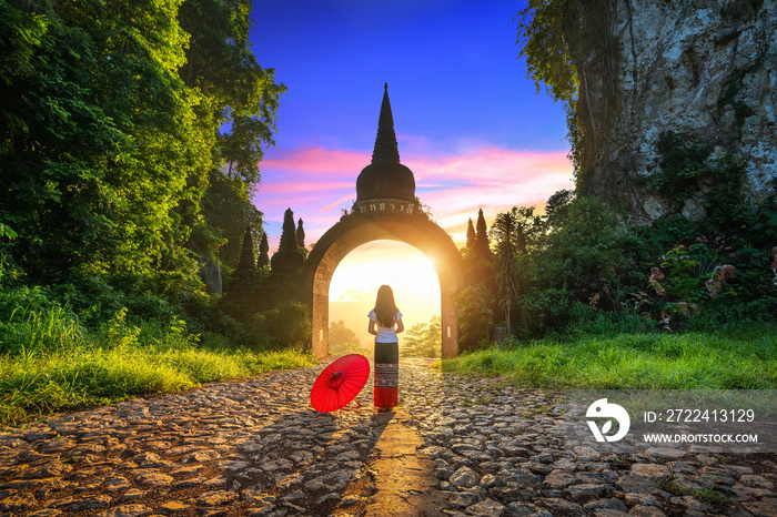 Woman standing at Khao Na Nai Luang Dharma Park in Surat Thani, Thailand