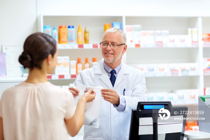 apothecary with cure and customer at pharmacy