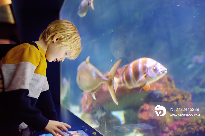 Little boy watches fishes in seaquarium.