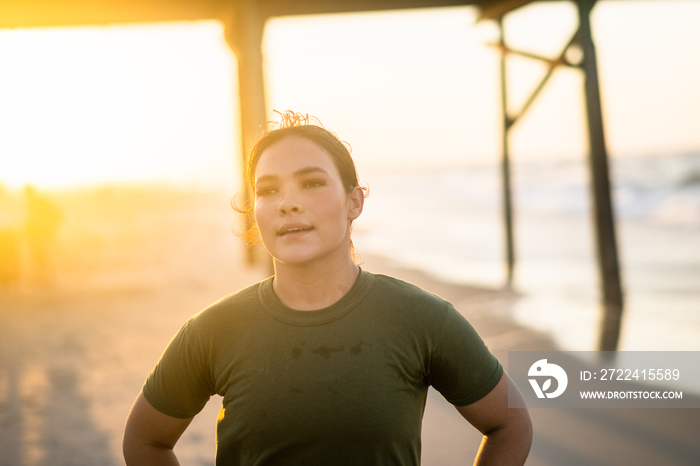 Marine veteran trains every morning on the beach to stay in shape just like when she was on active duty.