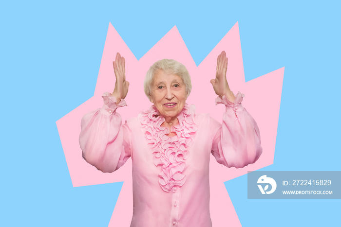 Smiling happy mature old woman in pink blouse. Over pink background