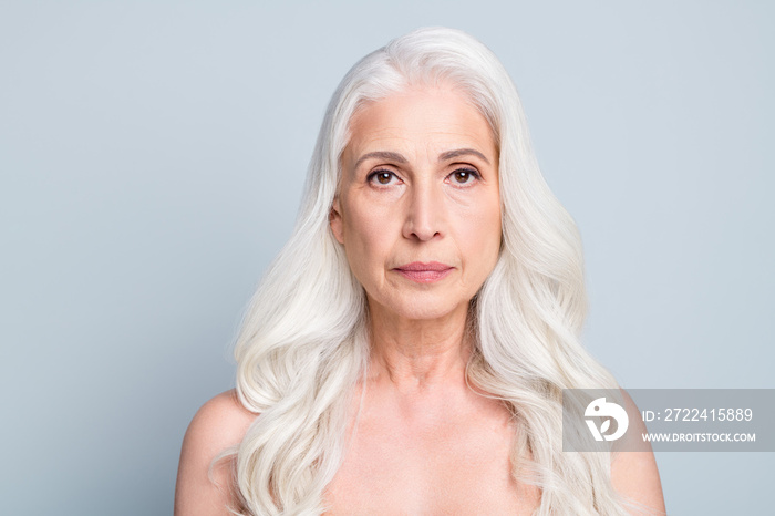 Photo of naked tenderness aged woman lady after spa salon procedures isolated grey color background