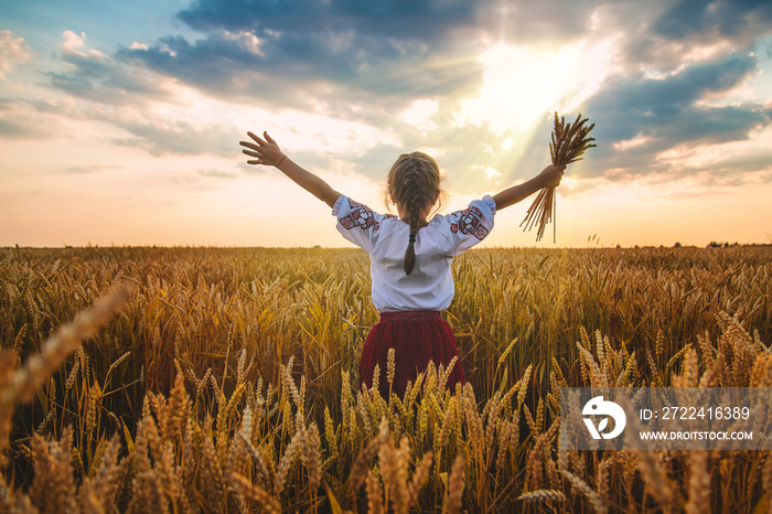 Child in a wheat field. In vyshyvanka, the concept of the Independence Day of Ukraine. Selective focus.