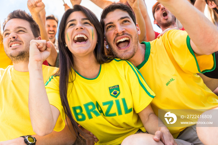 Brazilian supporters celebrating at stadium with flags