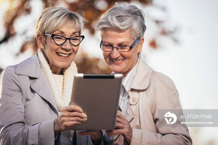 Two senior female friends using digital tablet in the park