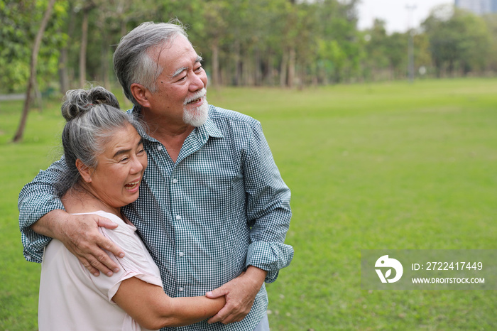 Happy asian senior man and woman standing and hugging with picnic basket in garden outdoor. Lover couple going to picnic at the park. Happiness marriage lifestyle concept.