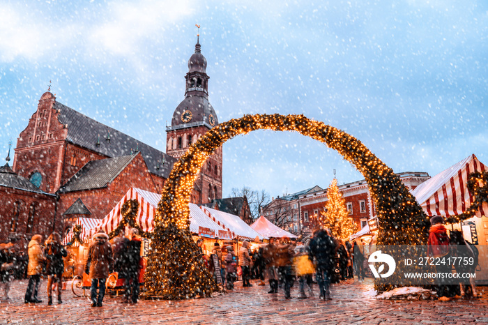 Christmas market and the main Christmas tree located at the Dome square in old Riga, Latvia.