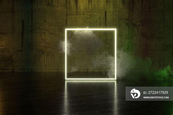 3d rendering of yellow lighten square shape with light spot and smoke clouds in front of concrete wall