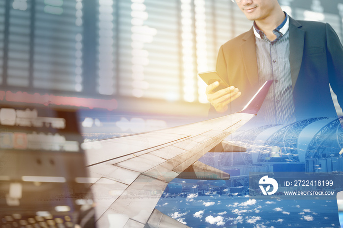 Double Exposure of airplane and businessman in terminal gate for check in boarding with luggage and phone at the airport for business trip.