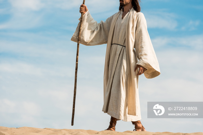 cropped view of bearded man holding wooden cane in desert