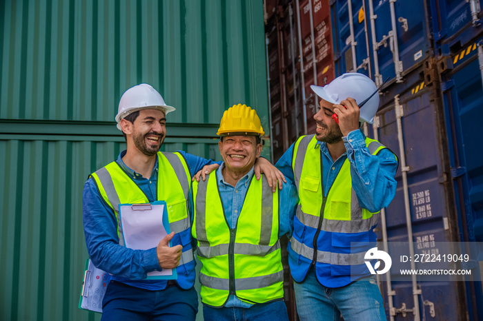 Team Businessman working on site containers yard for business shipping import and export, Caucasian worker inspecting  container in warehouse  logistic delivery services, export management team.