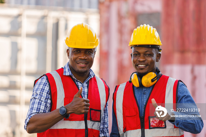 Portrait of Afro male engineer friendly standing thumbs up.