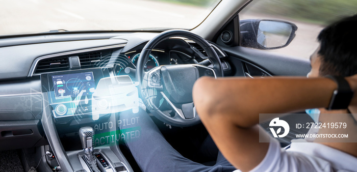 Auto pilot cruise mode self-driving car while sleeping taking rest, HUD Head Up Display and digital instruments panel autonomous user interface navigation utility screen smart technology businessman