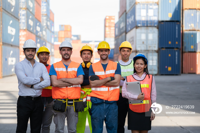 Team, meeting worker  container, Logistics and transportation business Containers import concept .Engineering worker professional team a logistic or industrial container, Cooperation team corporate.