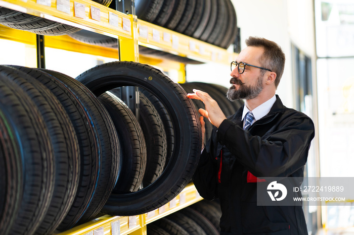 Mechanic man with car tires at service station. Male mechanic holding car tire in automobile store shop