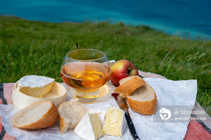 Lunch on green grass fields on chalk cliffs of Etretat, french cheese camembert and apple cider drink with Atlantic ocean on background, Normandy, France