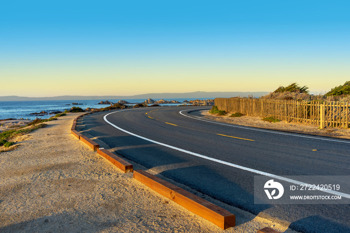 Curved road with an ocean view in the Monterey Bay town of Pacific Grove