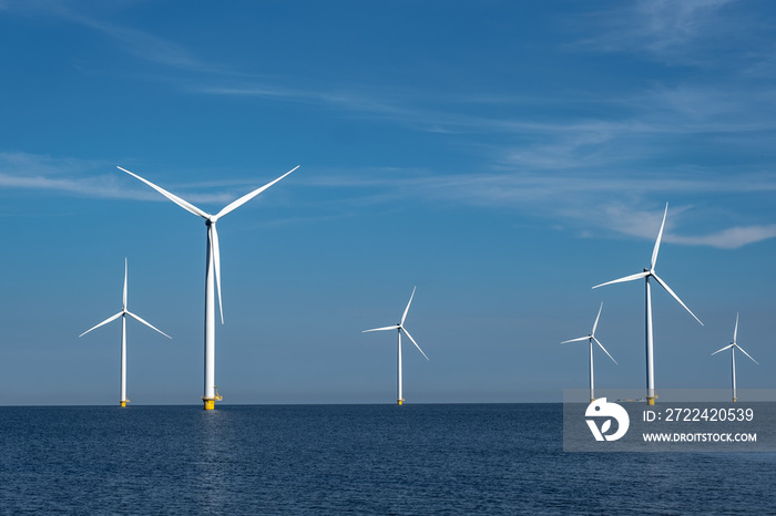 Wind turbine from an aerial view, Drone view at windpark a windmill farm in the lake IJsselmeer the biggest in the Netherlands, Sustainable development, renewable energy.