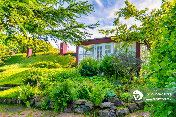 Garden with greenhouse on Torshavn at the Faroe Islands