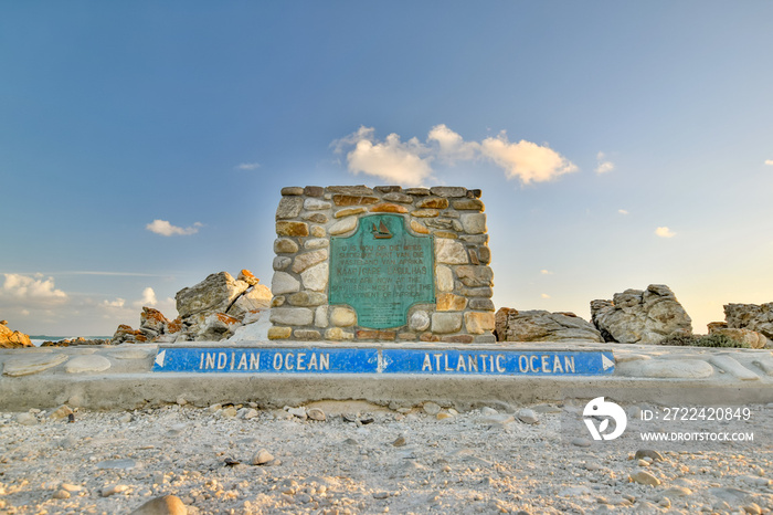 Big marker stone at Cape Agulhas(Cape of the Needles),South Africa,southernmost point of the African continent.It marks the division point between the Atlantic and Pacific Ocean.