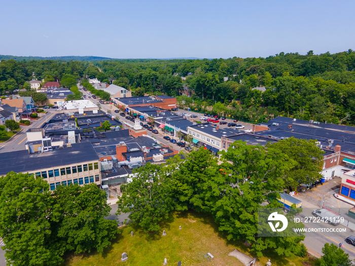 Wellesley Central Street aerial view in summer in town center of Wellesley, Massachusetts MA, USA.