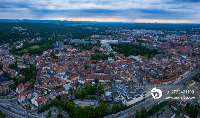 Aerial view of the city Erlangen in Germany, on a cloudy morning in spring.