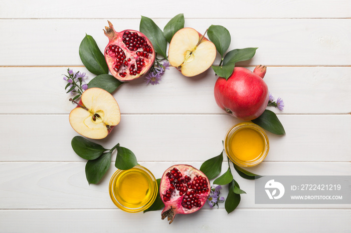 Rosh hashanah concept. Frame made of symbols jewish New Year holiday Traditional. Top view with copy space