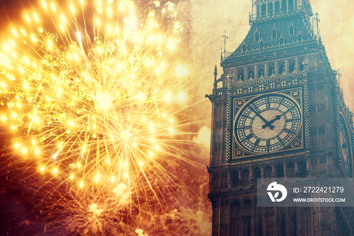 Explosive fireworks around Big Ben.