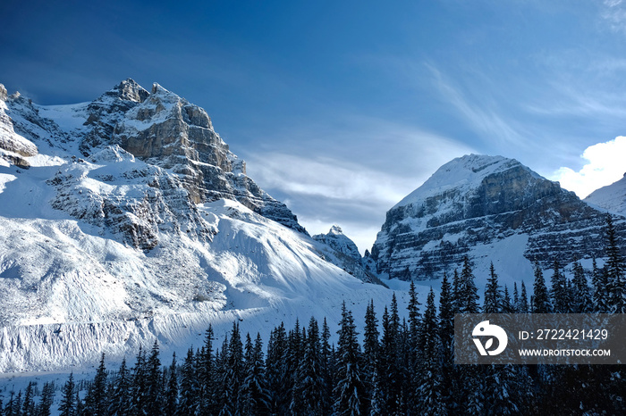 Canadian Rockies in winter. Fresh snow in mountains. Plain of Six Glaciers hiking trail in Banff National Park. Alberta. Canada.