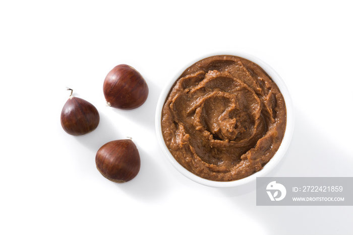 Chestnut cream on bowl isolated on white background. Top view