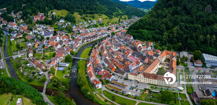 Aerial view of the city Wolfach in Germany in the black forest on a sunny day in spring.