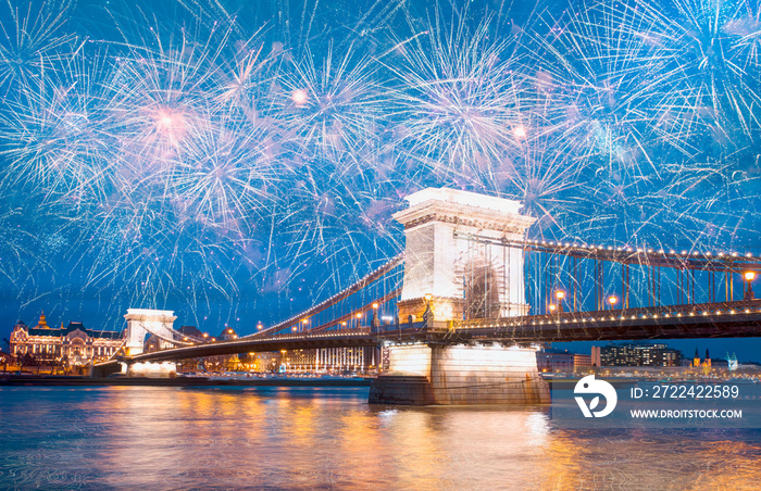 Chain bridge at twilight blue hour with fireworks - Budapest, Hungary