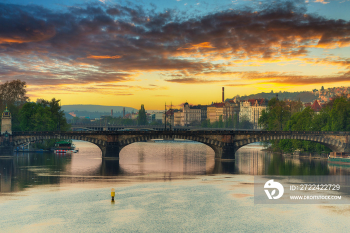 View from the Charles bridge in Prague at sunrise, Czech Republic