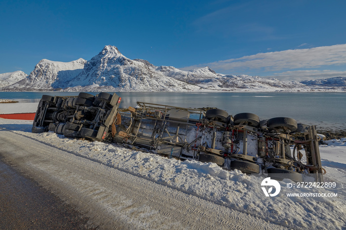 Crash big truck with semi-trailer, Norway around Nusfjord