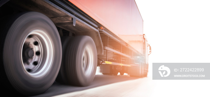 Semi Truck Driving on Road with Copy Space on White Background. Industry Shipment Freight Truck Transportation.