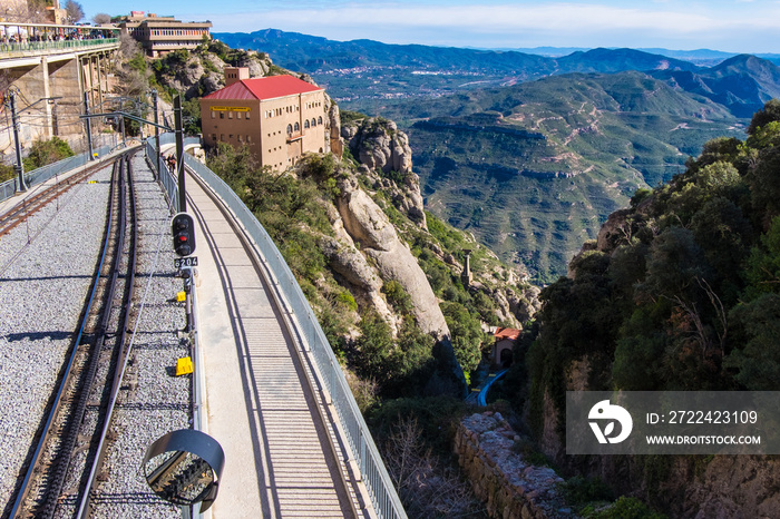 Cremallera train, Montserrat monastery on mountain in Barcelona, Catalonia.