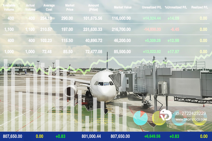 Stock financial investment show successful investment data on aircraft transportation business and tourism industry with graph and chart on airline docking bridge tunnel at airport background.