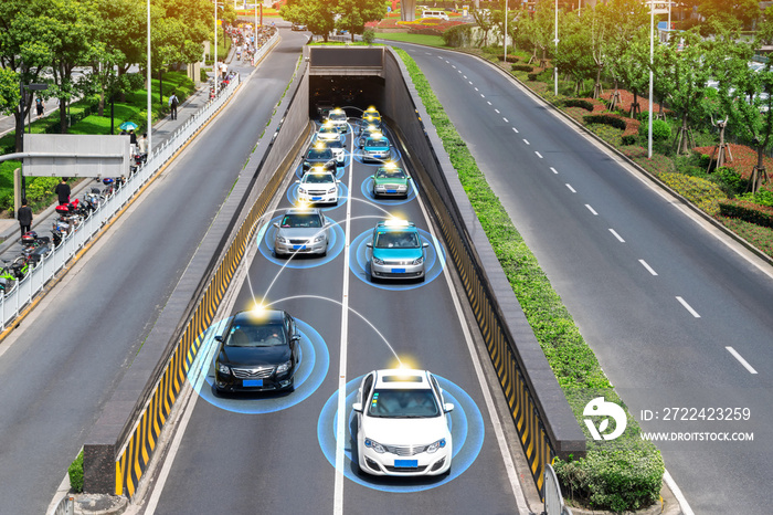 Smart car (HUD) , Autonomous self-driving mode vehicle on metro city road iot concept with graphic sensor radar signal system and internet sensor connect.