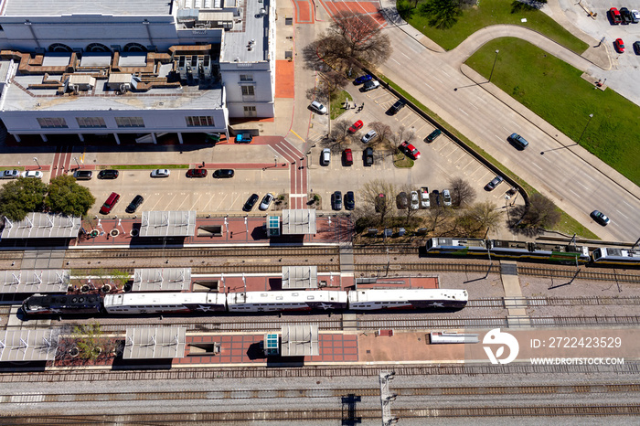 Trains at the Union Station in the city of Dallas. Texas, United States, seen from the Reunion Tower observation deck.