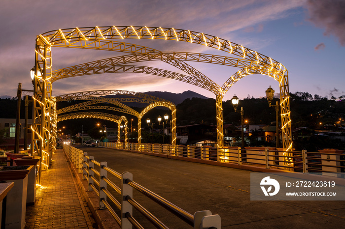 Dusk at bridge across the Caldera river running through the center of Boquete, Chiriqui highlands, Panama, Central America.