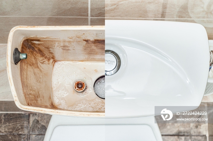 Section view of an empty toilet flush tank with foam detergent.