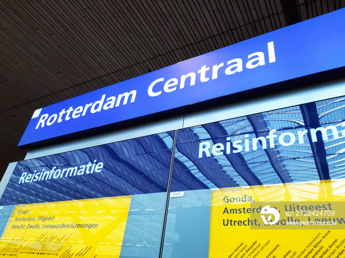 information sign for rail transport journeys in rotterdam station