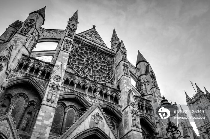 Black and white image of Westminster Abbey in London, England, UK